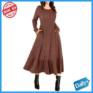 Long Sleeve Midi Dress Rib Knit Crew Neck A-Line Pocket Casual